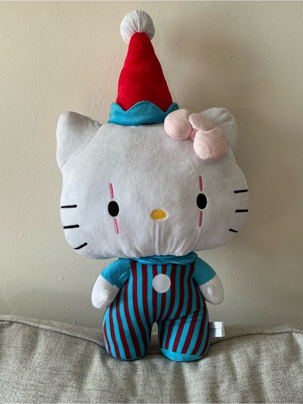 Sanrio White Plush Hello Kitty Clown with Red Hat and Blue Outfit